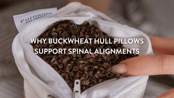 Person showing the contents of a Putnams organic buckwheat hull pillow