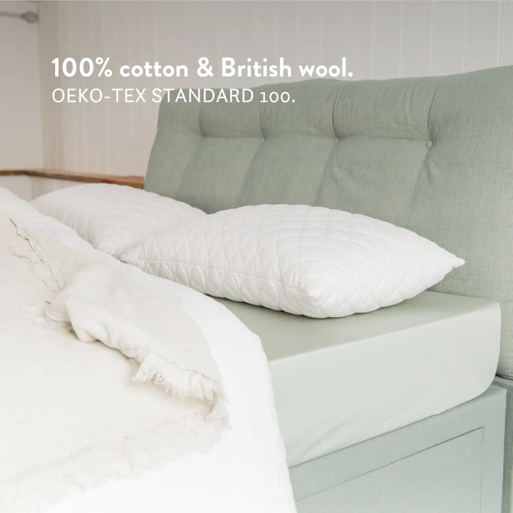 OEKO-TEX standard 100. Quilted British Wool Pillow with a 100% cotton cover handmade in the UK from traceable British wool. 