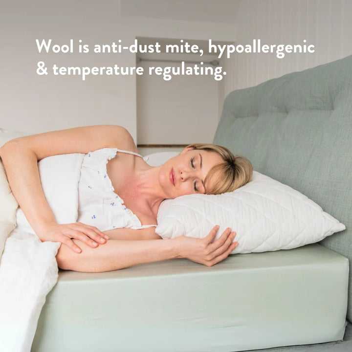 Anti-dust mite, hypoallergenic and temperature regulating. Height adjustable. Quilted British Wool Pillow with a 100% cotton cover handmade in the UK from traceable British wool. OEKO-TEX standard 100.