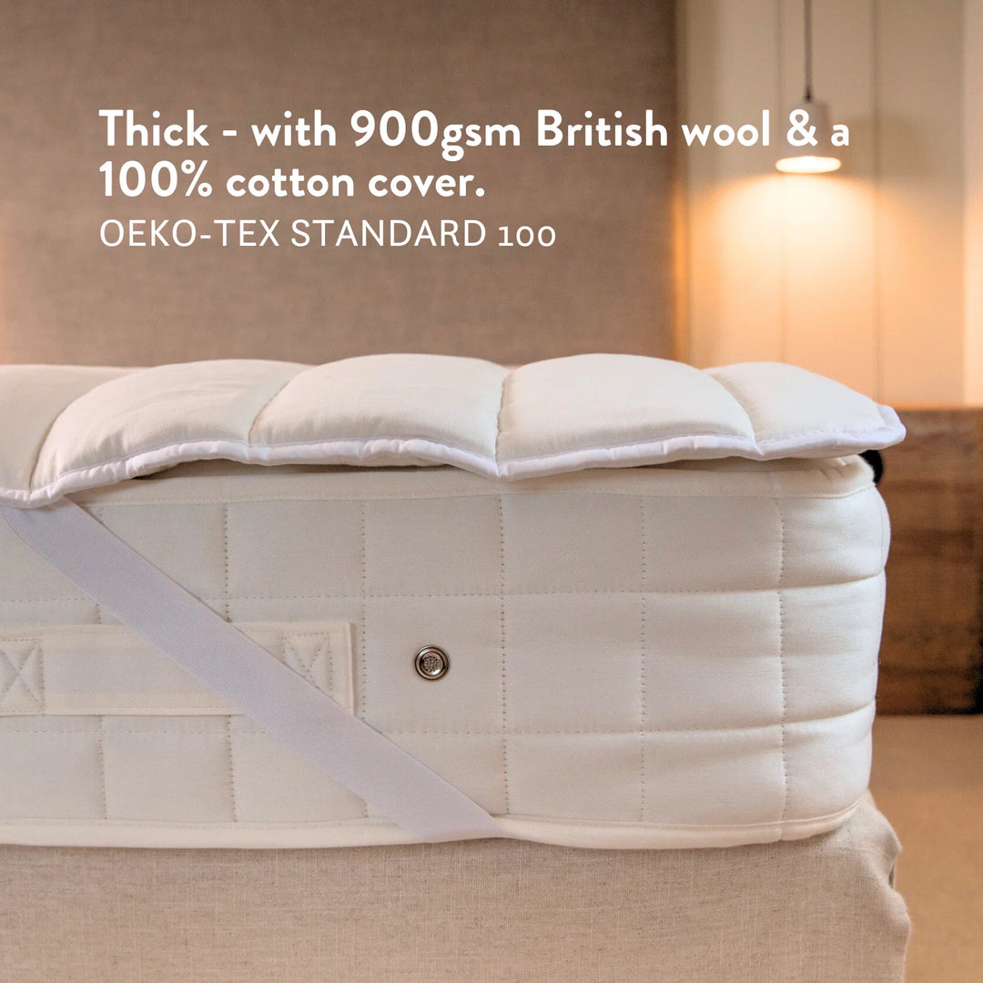 Thick with 900gsm British wool. Natural 100% British Wool Mattress Topper thick handmade in the UK 100% cotton OEKO TEX Standard 100