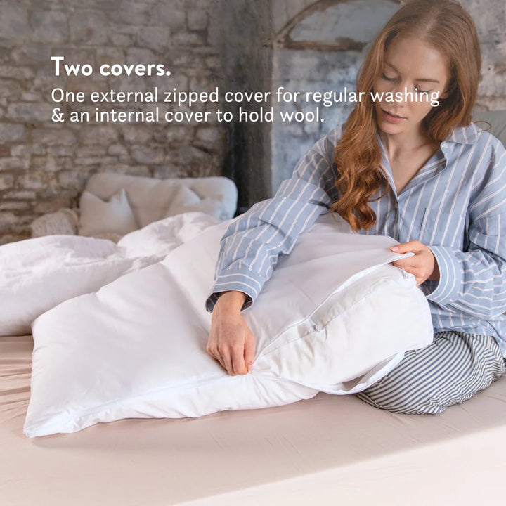 Two covers. One external zipped cover for regular washing & an internal cover to hold wool. Bed wedge.