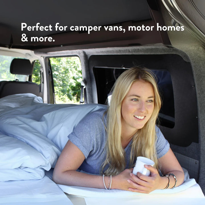 travel memory foam mattress topper in single and double with a travel bag for camping vans, motor homes, van conversions and more.