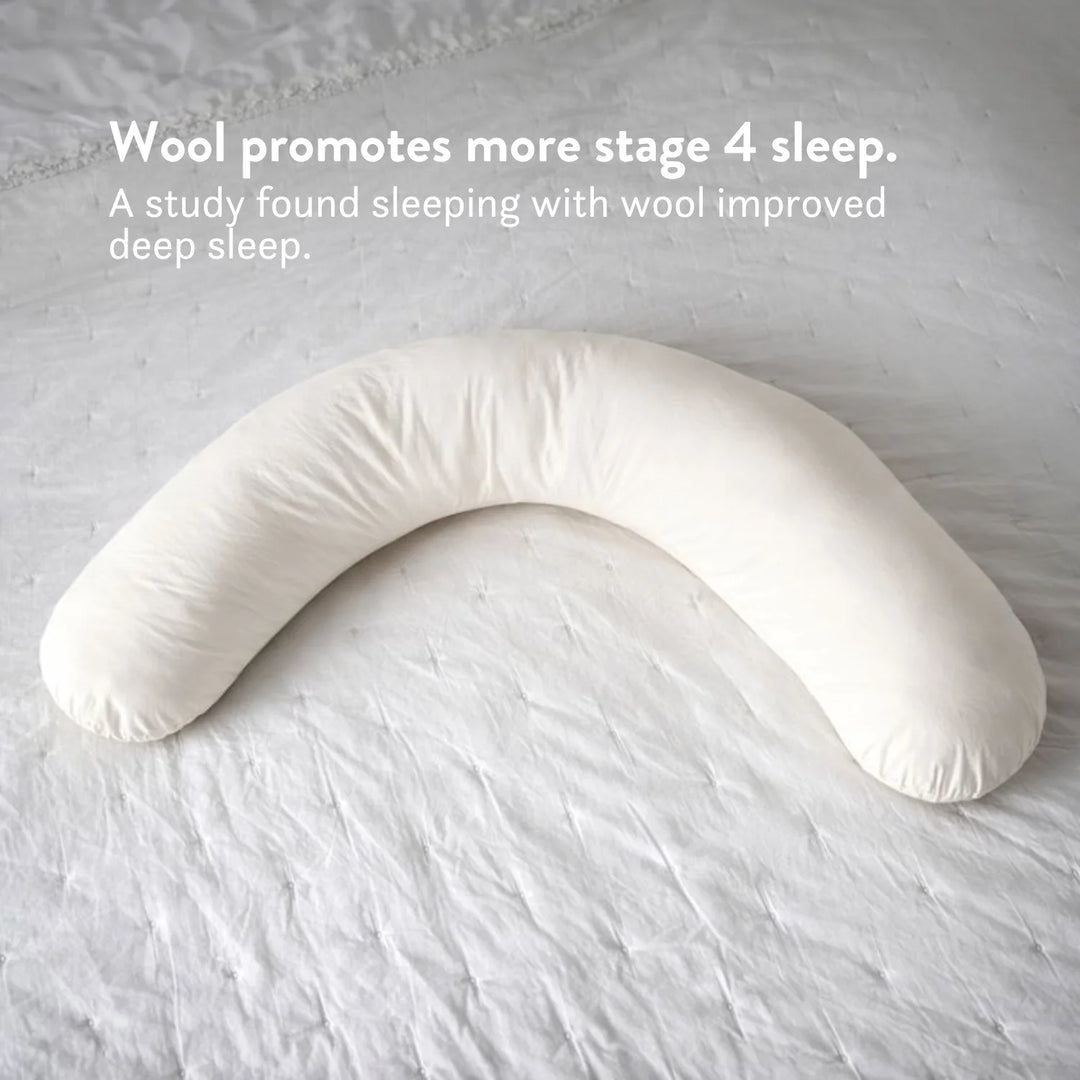 Organic cotton pregnancy pillow British wool Wool promotes more stage 4 sleep. A study found sleeping with wool improved deep sleep.