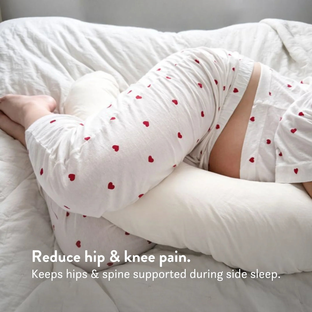 Organic cotton pregnancy pillow British wool Reduce hip & knee pain. Keeps hips & spine supported during side sleep.